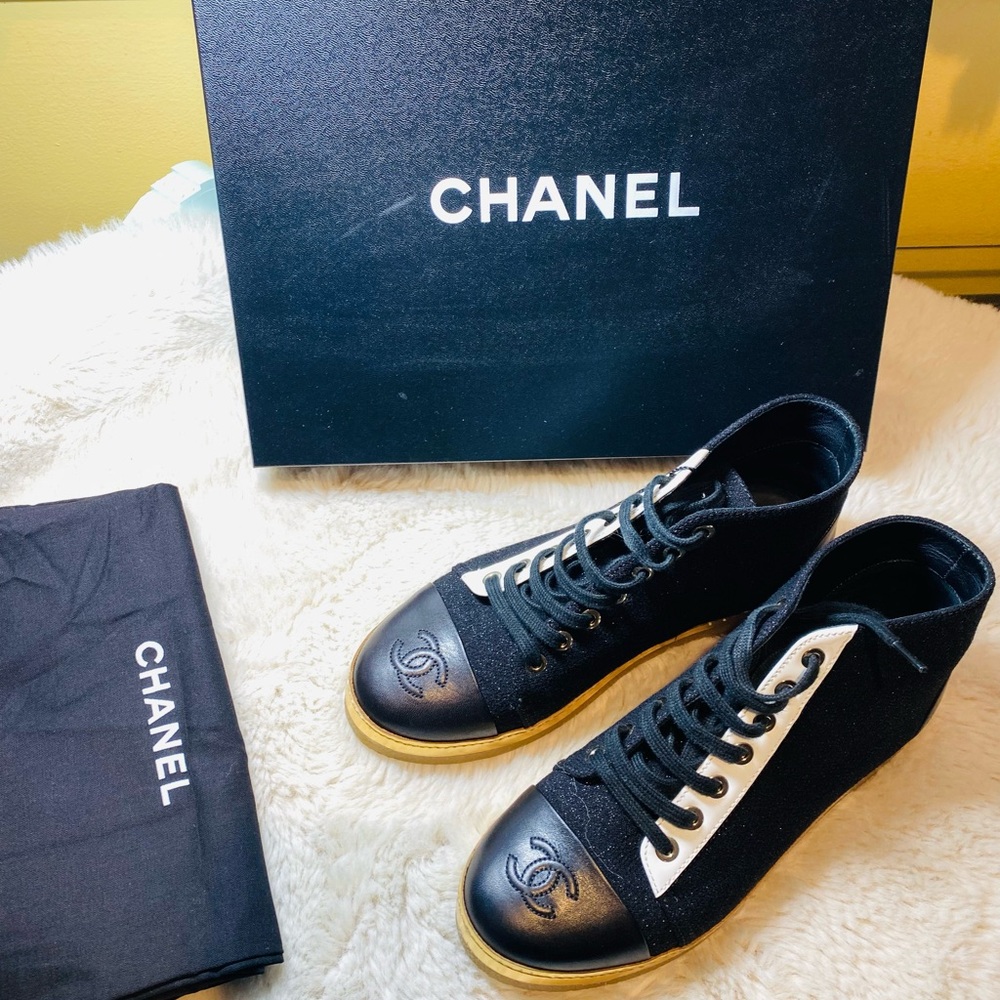 CHANEL Black and White High-Top Sneakers